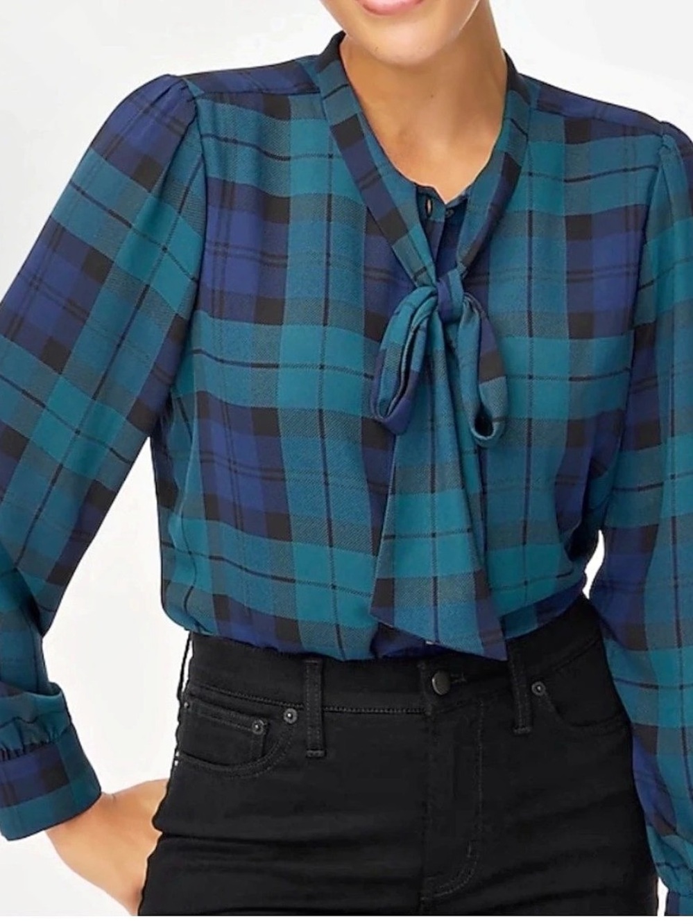 J.Crew Plaid Tie Neck Blouse Medium Blue Green Tartan Long Sleeve - Worn Once!